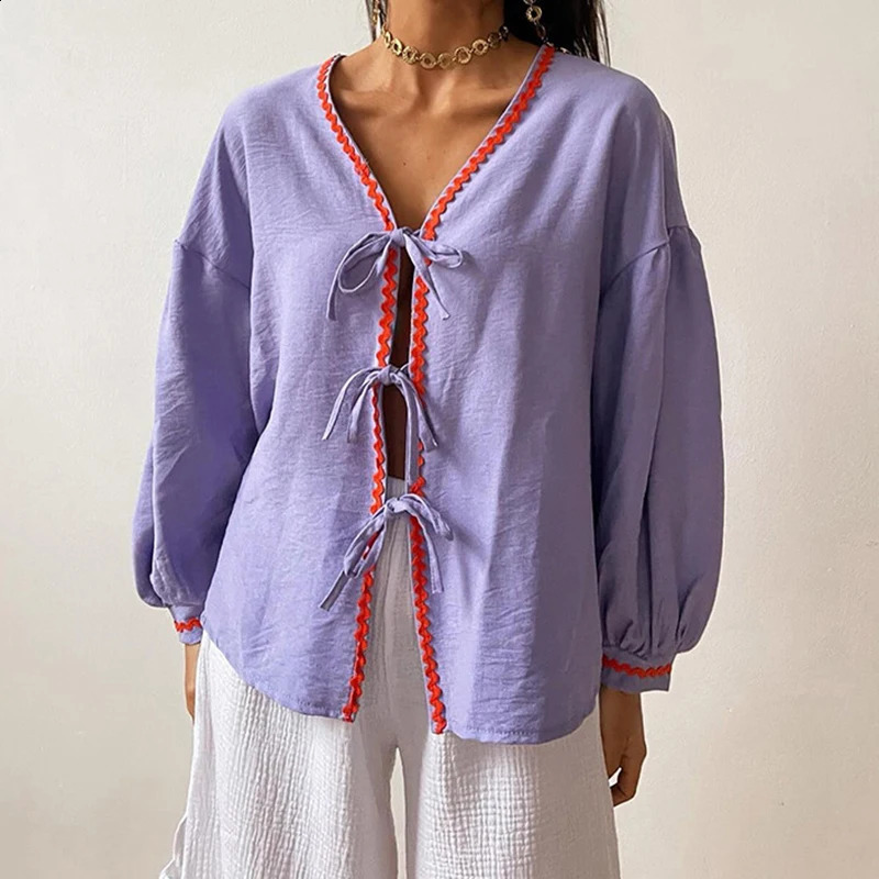 Autumn Fashion Lantern Long Sleeve Shirt Elegant Womens Vneck Lace Bow Top Spring Comparison Printed Loose Street 240822