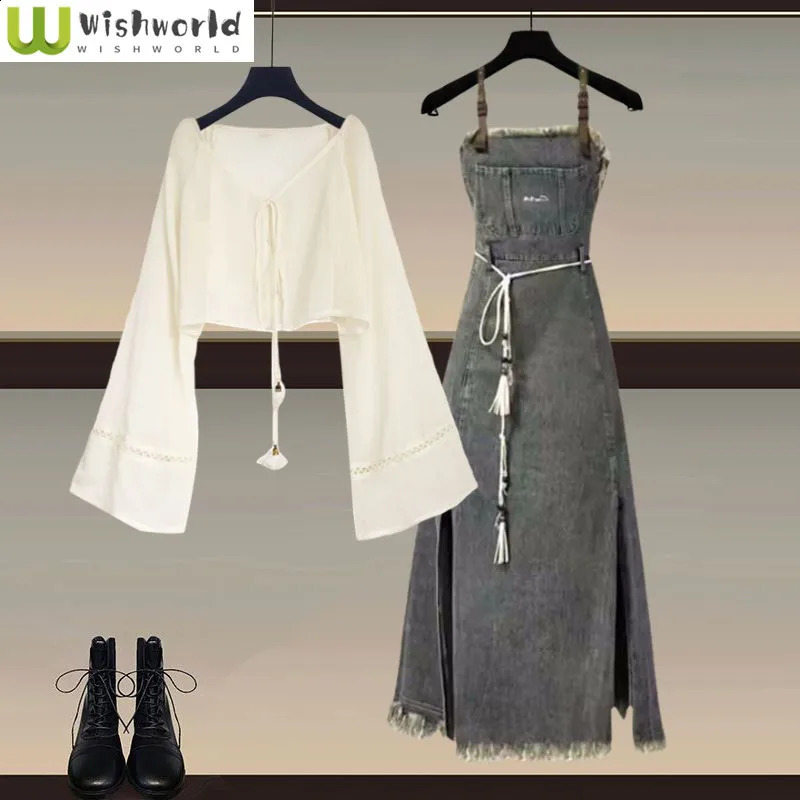 Spring/Summer Womens Set Korean Style Western Sunscreen Top Slimming Versatile Cow Strap Skirt Two Piece Set 240823