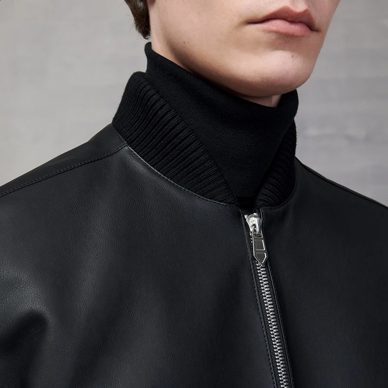 Mens Cowhide Jacket - British Fashion Handsome Black Sheepskin Zippered Stand-Up Collar High-Quality Custom n 240822