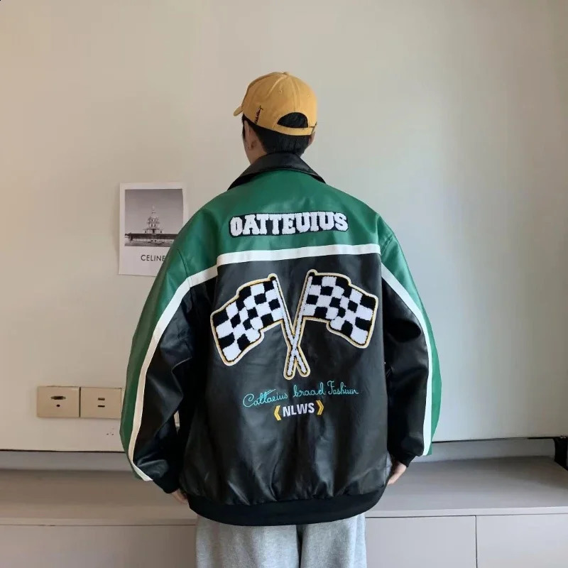 Mens PU Leather Motorcycle Jacket Hip Hop Flocked Embroidery Windproof Bomber Jackets Fashion Oversize Coat Couple Streetwear 240822