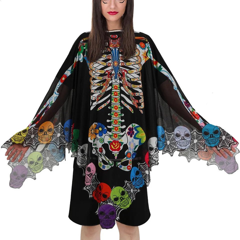 Halloween Skull Horn Womens Horror Lace Shawl Dark Series Gothic Cloak Theme Party Stage Performance w240824