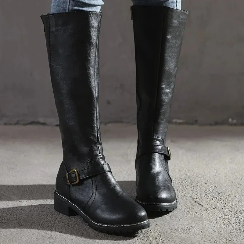Womens straight boots retro leather long knight boots square heel knee high buckle zipper British style winter womens shoes 240823