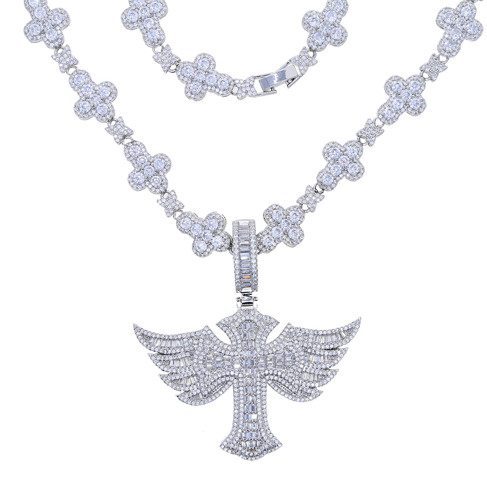 Hip Hop Wing Cross Cross Pendant Necklace with Chain 5A Zircon White Gold Plated Religious Men Jewelry