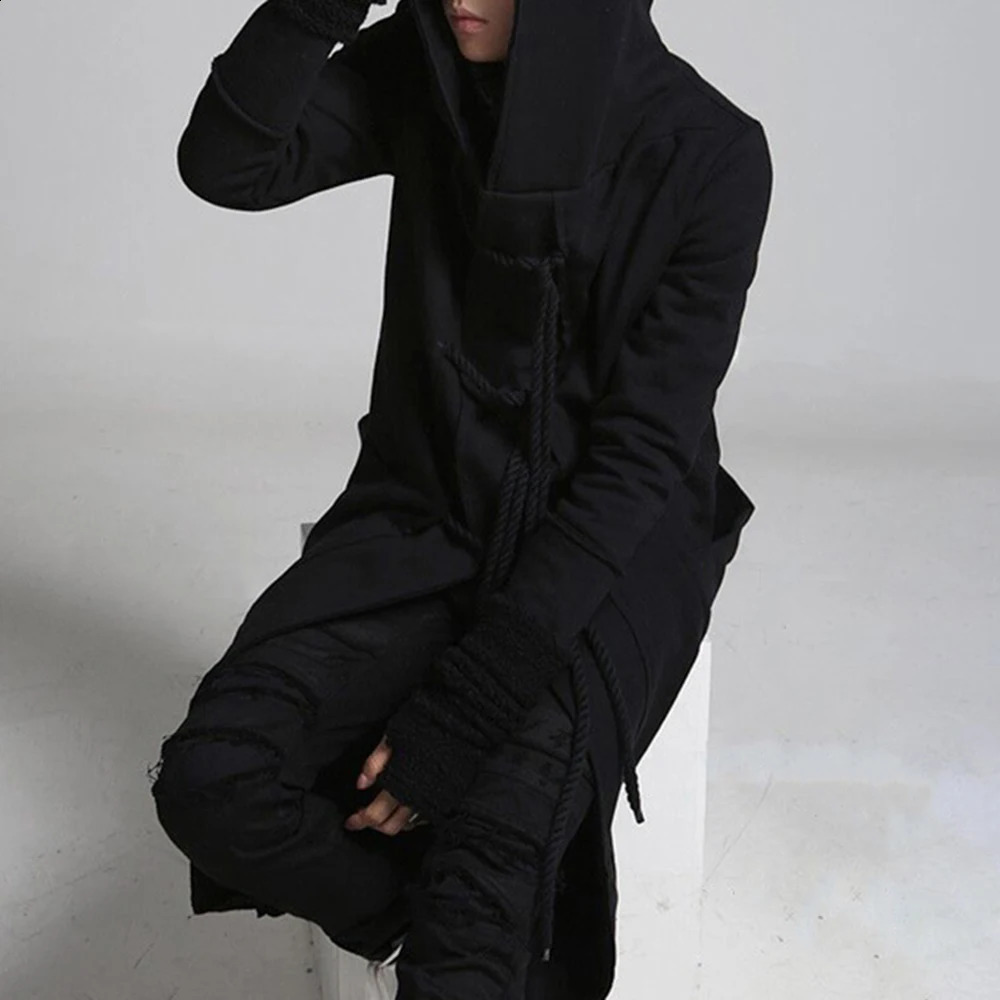 Mens Trench Coat Korean Style Dark Style Autumn And Winter Handsome Windbreaker Hip-Hop Mid-Length Trendy Mens Hooded Sweatshirt 240822