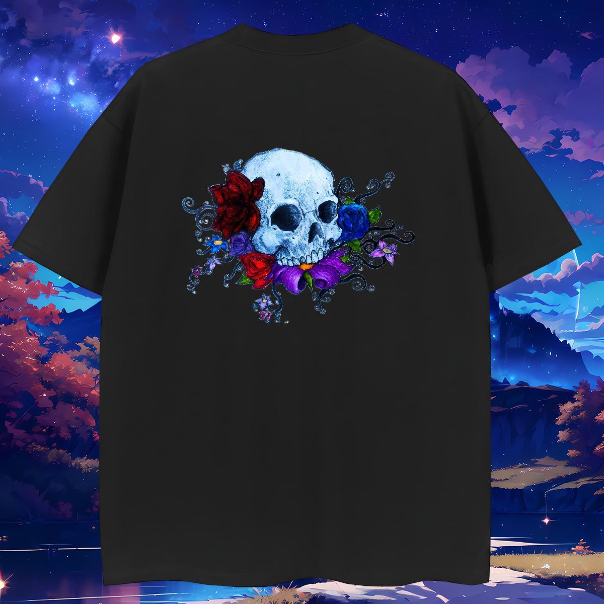 Loose Fit T-Shirts for Men 230g Cotton skull Hip Hop Street Custom Cartoon Round Neck Short Sleeve Men Clothes T-Shirt DIY Tops Tees