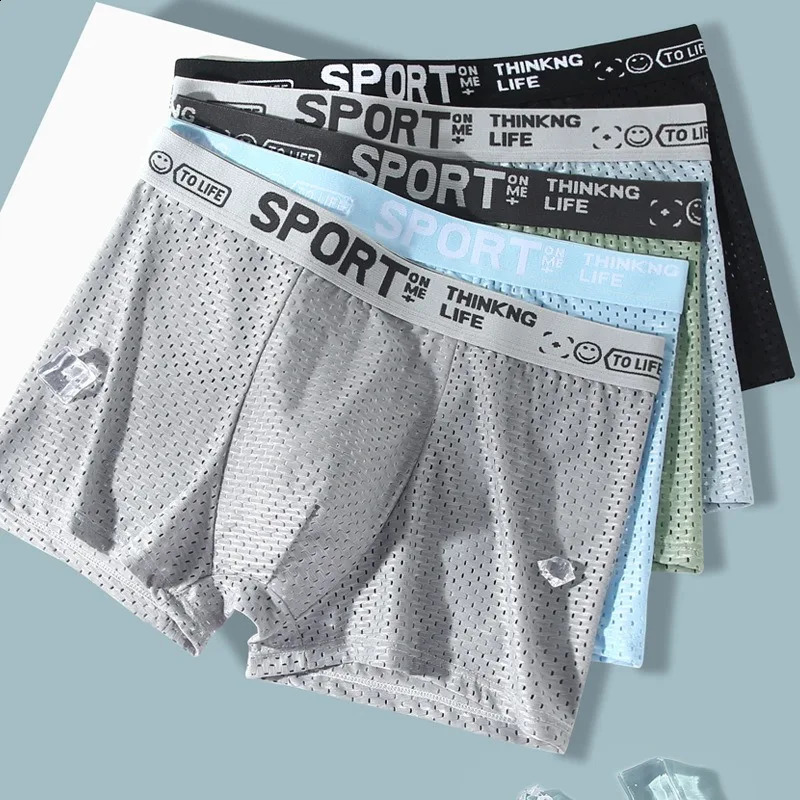 Summer Mens Underwear Ice Silk Mesh Boxing Shorts Thin Breathable Sexy Knitted 240822