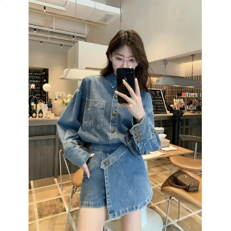 Womens Retro Personality Cow Suit Autumn Long Sleeves Buttons Denim Shirt Jacket Irregular Short Skirt Two-piece Set 240823