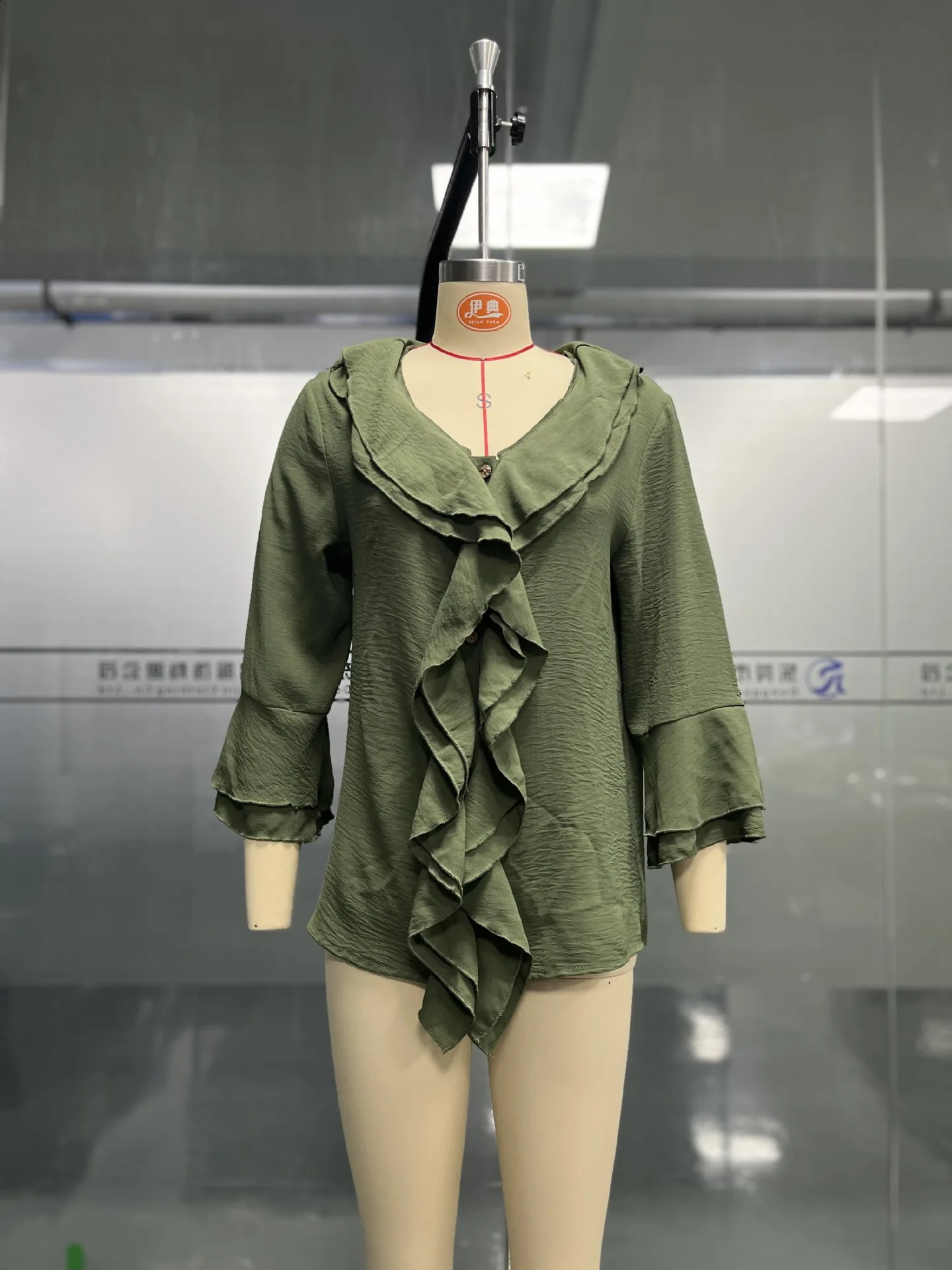 Autumn Fashion Ruffle Blouse Womens Sweet Office Vneck Collar Sleeves 240822