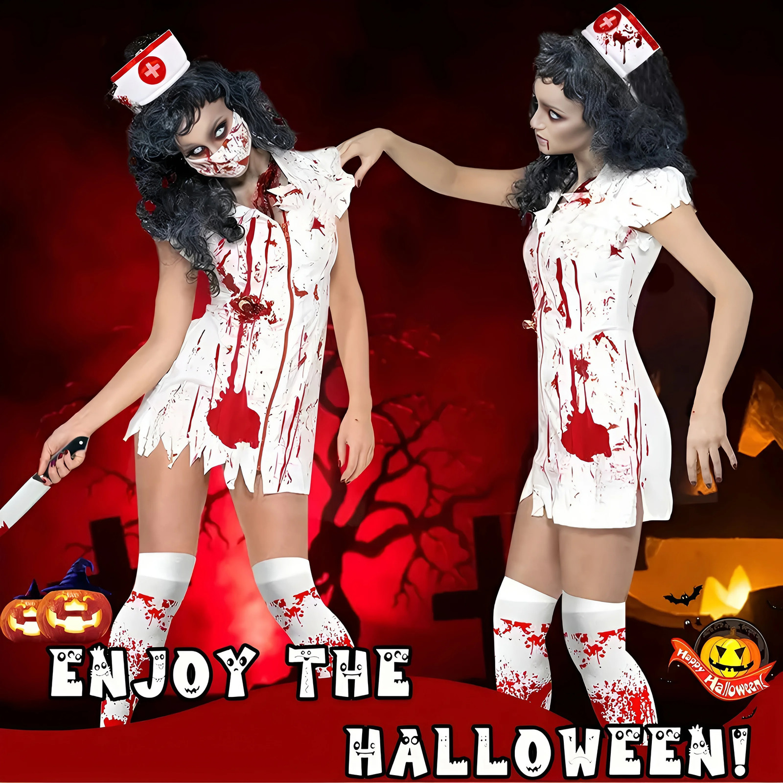 3 pieces of womens bloody nurse costumes headbands necklaces socks Halloween accessories roleplaying w240824