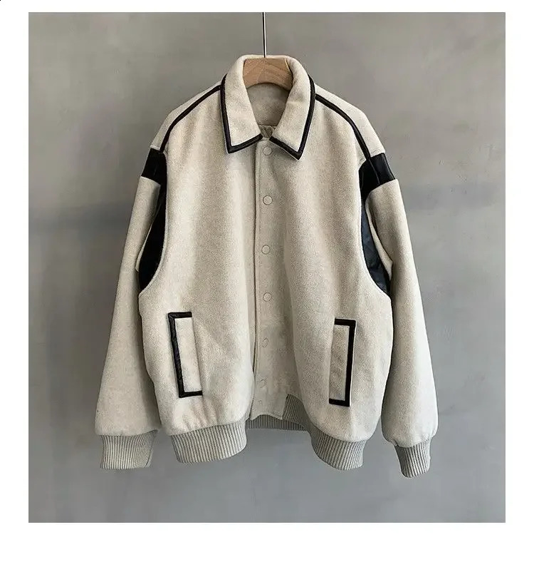 Korean style spliced woolen jacket mens autumn and winter trendy Japanese retro high-end top high street work jackets top 240815