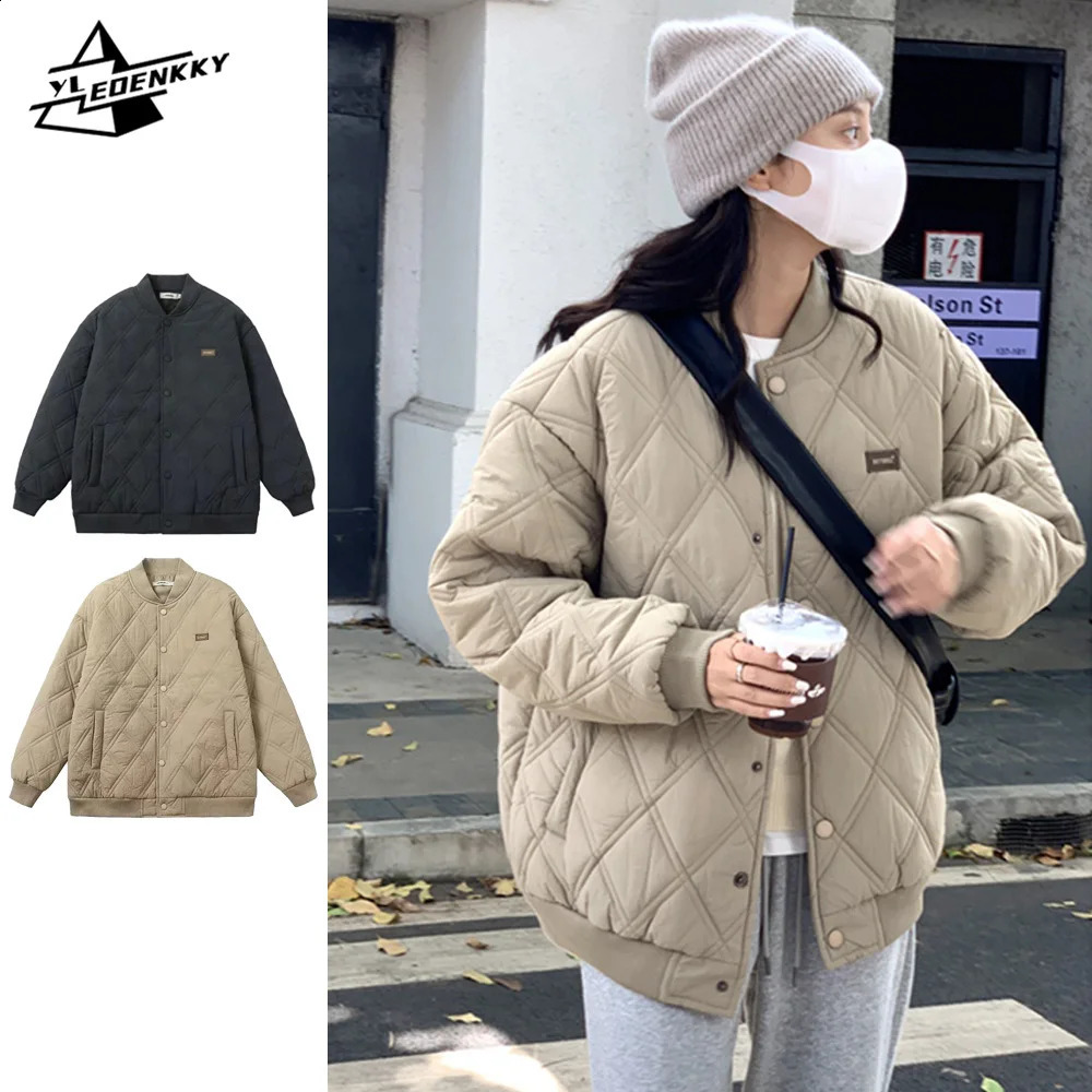 Lightweight cotton coat womens bedding with diamond checkered inlay and loose Parka Korean winter casual jacket couple unisex top 240822