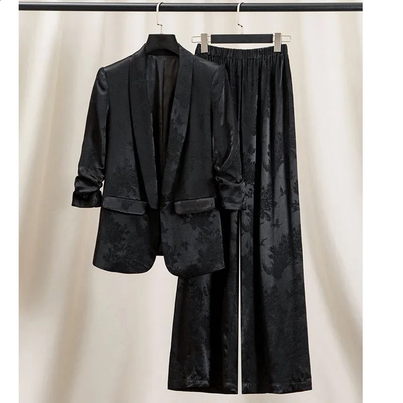 Women High Quality Stain Jacquard Suits Jacket Coat Blazer And Pant 2 Piece Set Matching Outfits Female Formal Occasion Clothes 240809