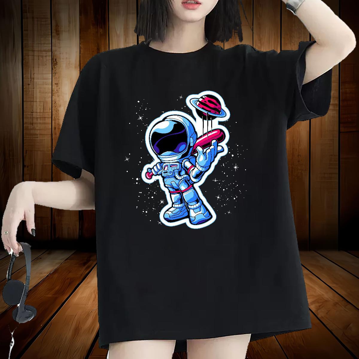 Soft Women Tshirts 230g Cotton cosmonaut Casual Sport T Shirts Women Short Sleeve O-Neck Custom Cartoon Top Shirts