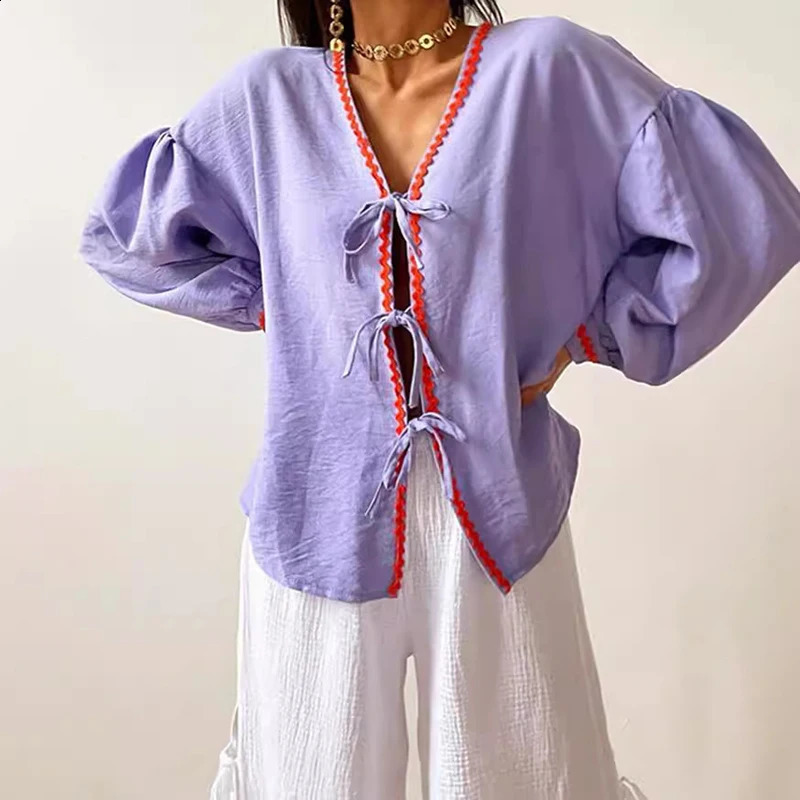 Autumn Fashion Lantern Long Sleeve Shirt Elegant Womens Vneck Lace Bow Top Spring Comparison Printed Loose Street 240822