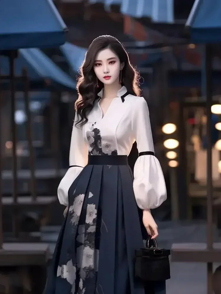 Womens Skirt Set Long Sleeved Blouse Top Autumn Spring High End Chinese Elegant Temperament Goddess Show Thin Print Skirt Set 240823