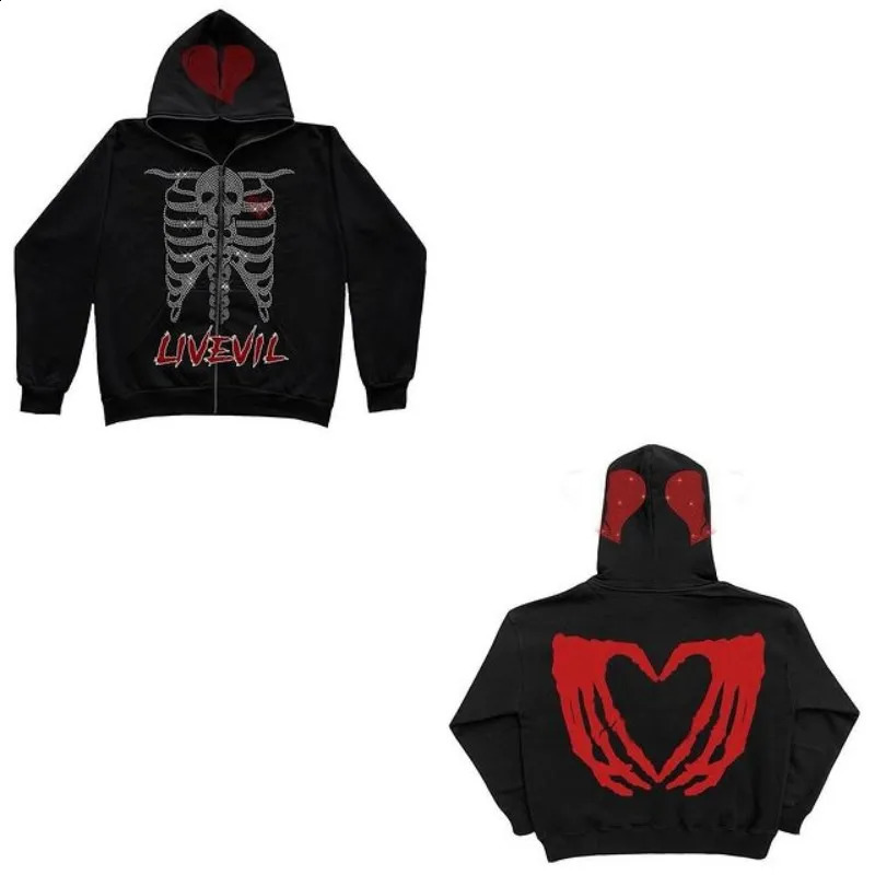 Y2k Men Emo Streetwear Hoodie Zip Up Sweatshirts Fairy Grunge Pullover Oversized Diamond skull Goth Jacket Tops Hoodies Clothes 240823