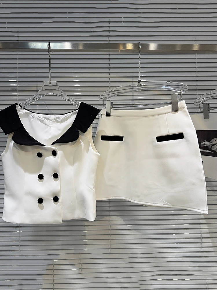 DEAT Trendy Womens Suits Contrast Color Neck Edge Double Breasted Vest Wrap Hip Skirts Set Female Summer 11A0390 240822