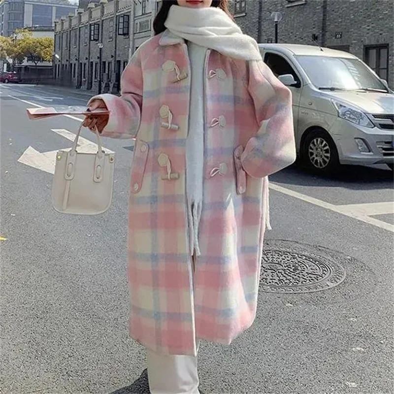 Autumn and Winter Loose Pink Cowhorn Button Woolen Coat Womens Fat Sister Sweet Little Man Woolen Coat V1 240822