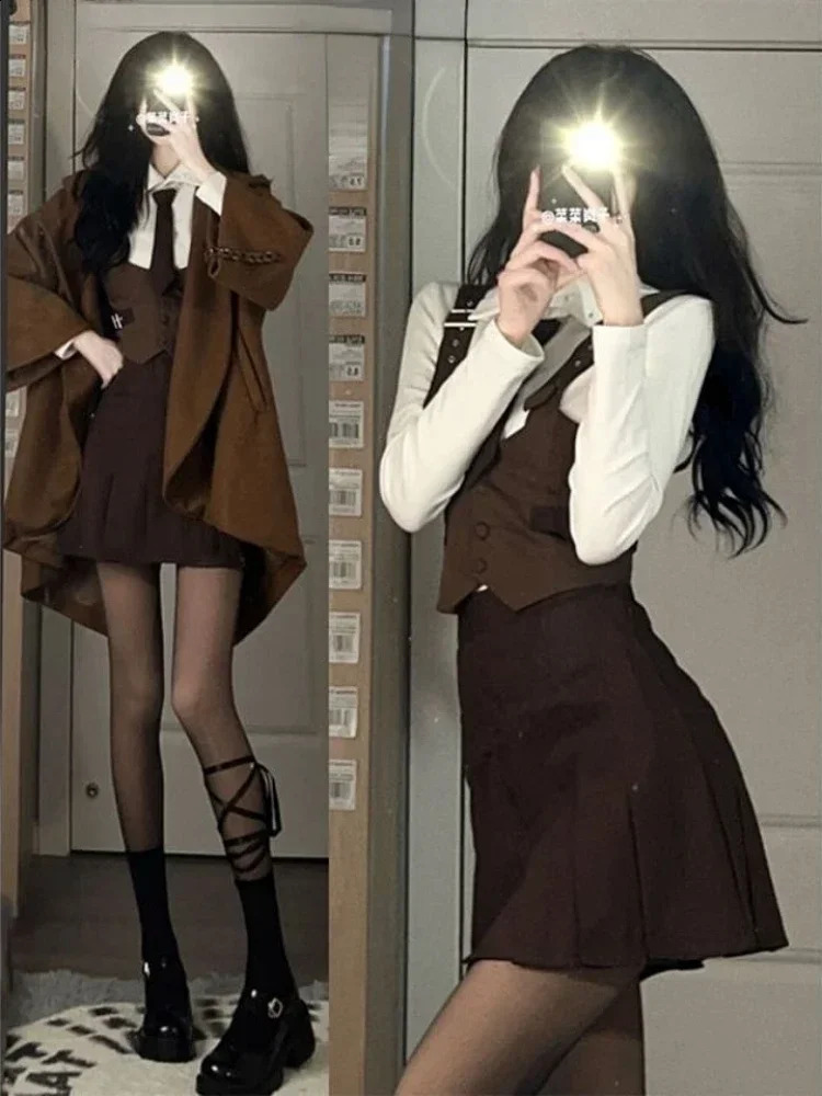 Sweet College Shirt Pleated Skirt Vest Three Piece Set Women Korean Fashion Solid Slim Autumn Female Temperament Suit 240823