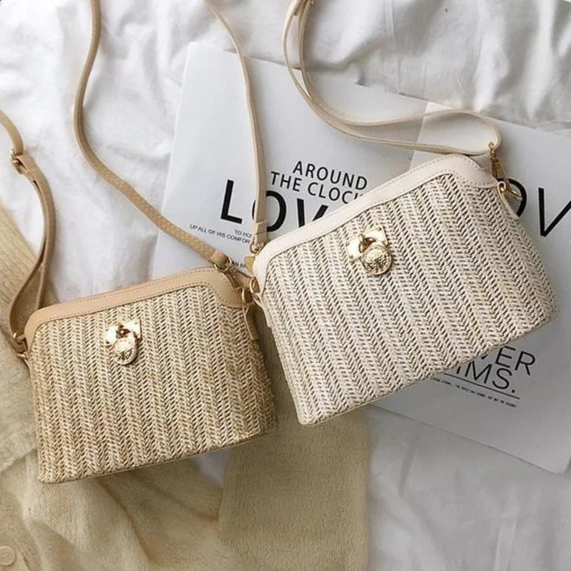 Casual Chains Straw Bucket Bags 2023 Women Summer Messenger Bag Rattan Beach Lady Travel Purses and Handbags Shoulder 240826