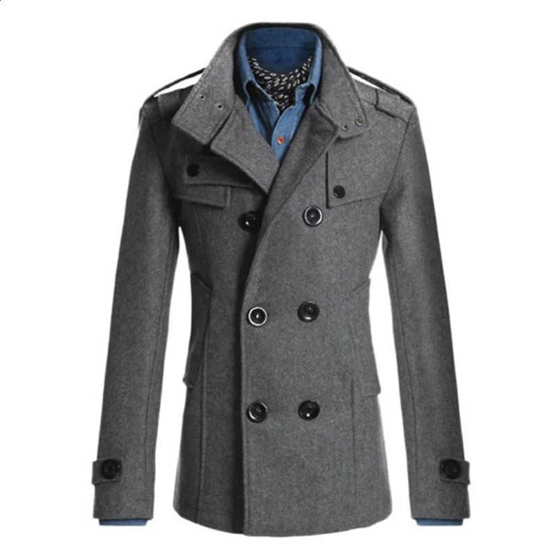 Mens Winter Warm Trench Woolen Coat Slim Casual Reefer Jackets Solid Stand Collar Double Breasted Peacoat parka 240822