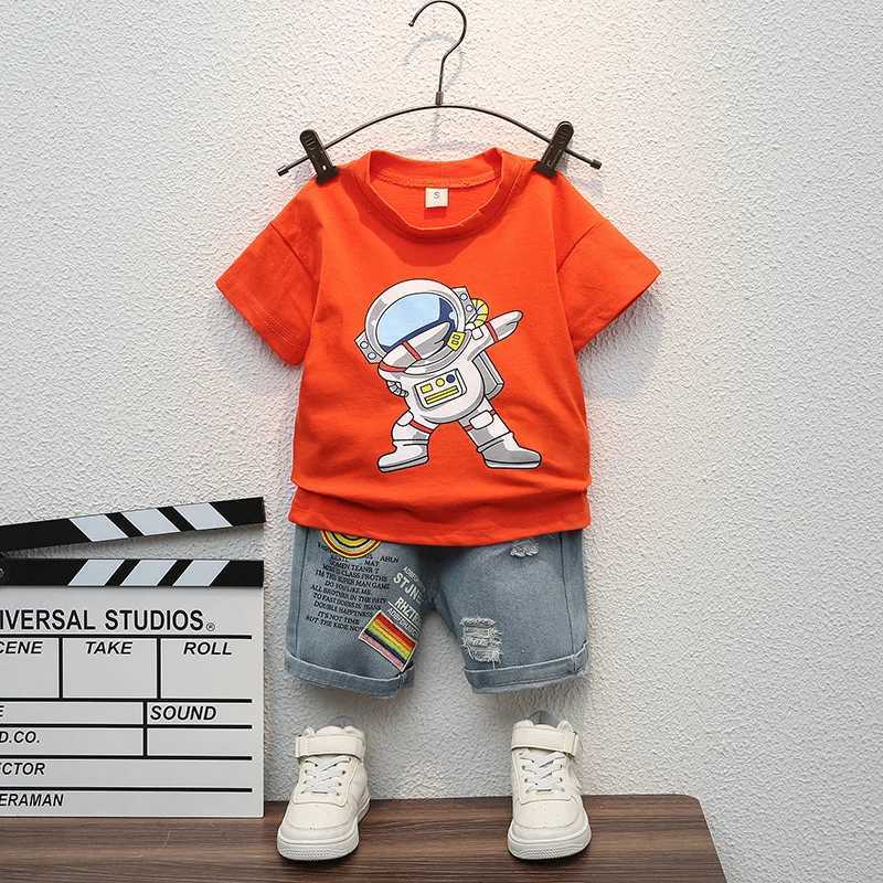 Summer New Baby Boys Clothes Sports T-Shirt + Ripped Denim Shorts Sets for Toddler Infant Clothing Casual Outfits W250218
