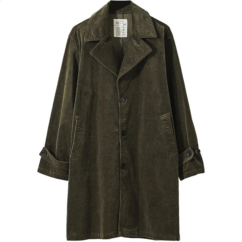 Trench Mens Coat Corduroy Green Loose Fit Mid-length Business Casual Gentlemen Jacket Autumn Winter Wear 240822