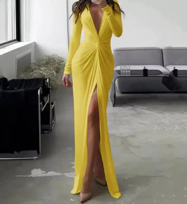 Autumn Winter Spring Fashion Casual Sexy V-Neck Long Sleeve Solid Slim Pleated Dress Elegant Party Dresses for Women 240823