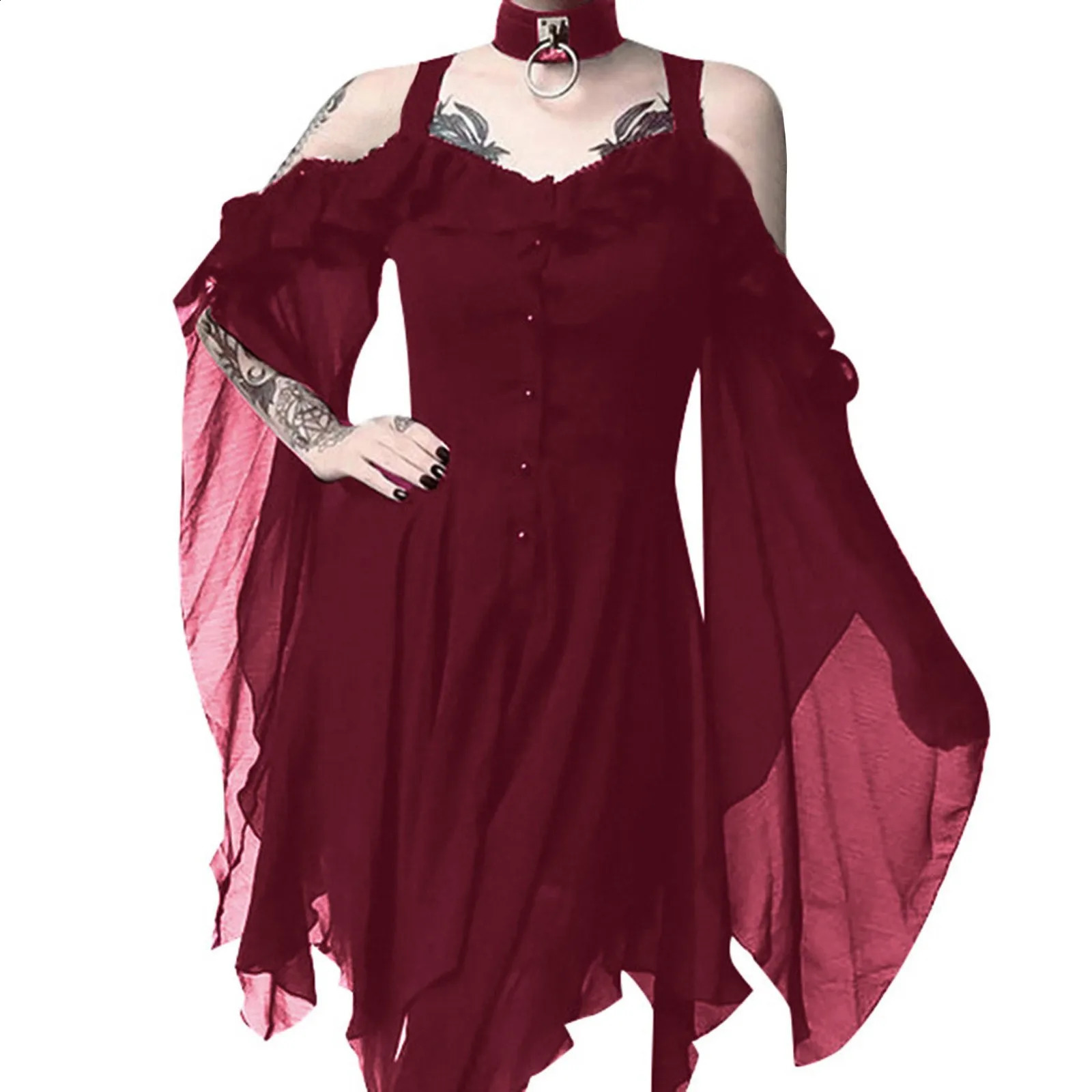 Gothic Witch Retro Dress Womens Sexy Hollow Lace Waist Horn Shoulders Halloween Costume w240824