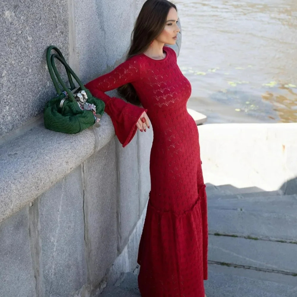 Long Sleeve Knitted Dress Women Fashion Hollow Out Slim Maxi Sweater Dresses Autumn Winter Sexy See Through Evening Party Dress 240823