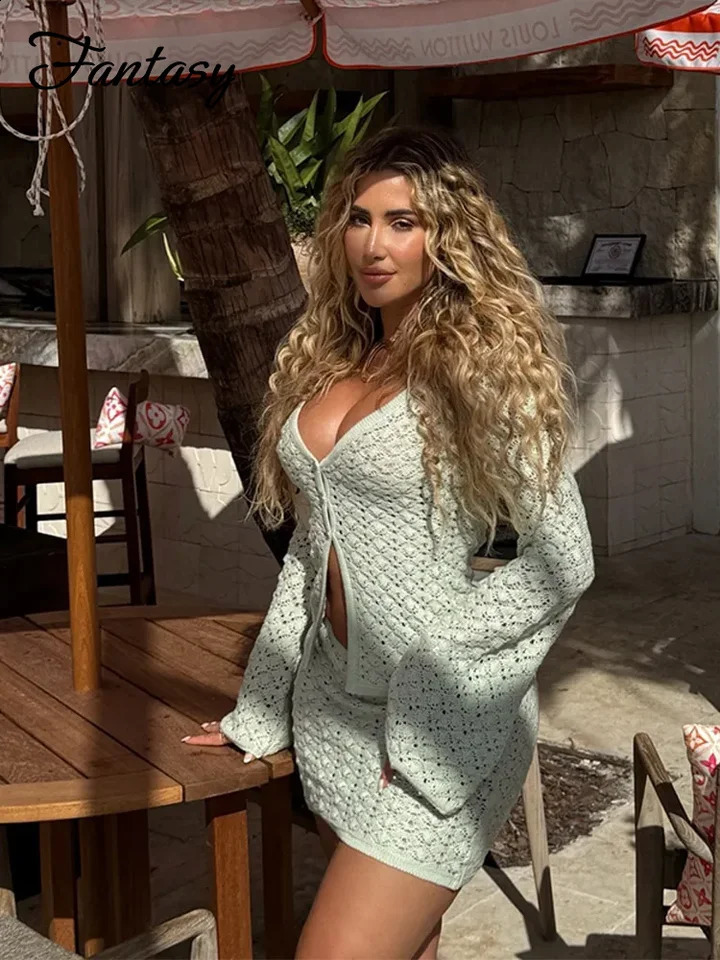 Elegant Knitted Hollow Out Skirt Set Women Flare Sleeve V-neck Button Cardigan Sexy Hip Package Skirts Lady Beachwear 240823