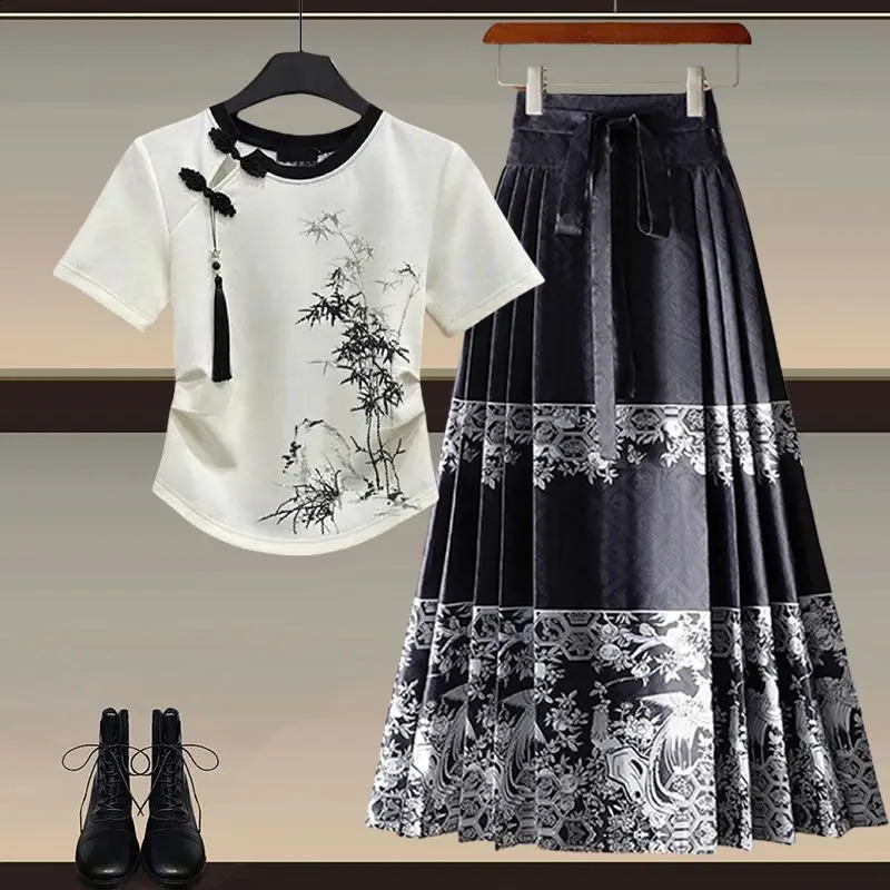 Fashionable Womens Set Improved Button Top Paired with Hanfu Horse Face Skirt Elegant Womens Two Piece Set 240823
