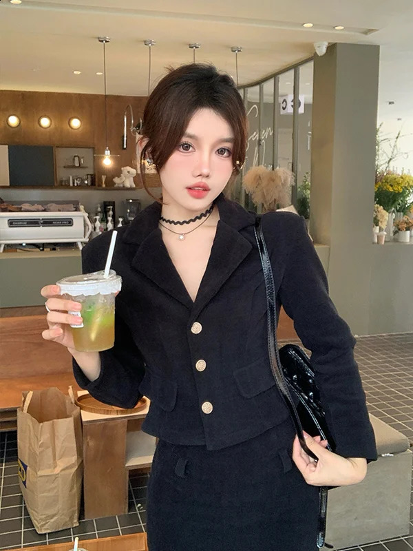 Lengthened Thickened Cotton-Padded Large Size Chic Style High-End Sense Suit Jacket Temperament Half Skirt Two-Piece Set Women 240823