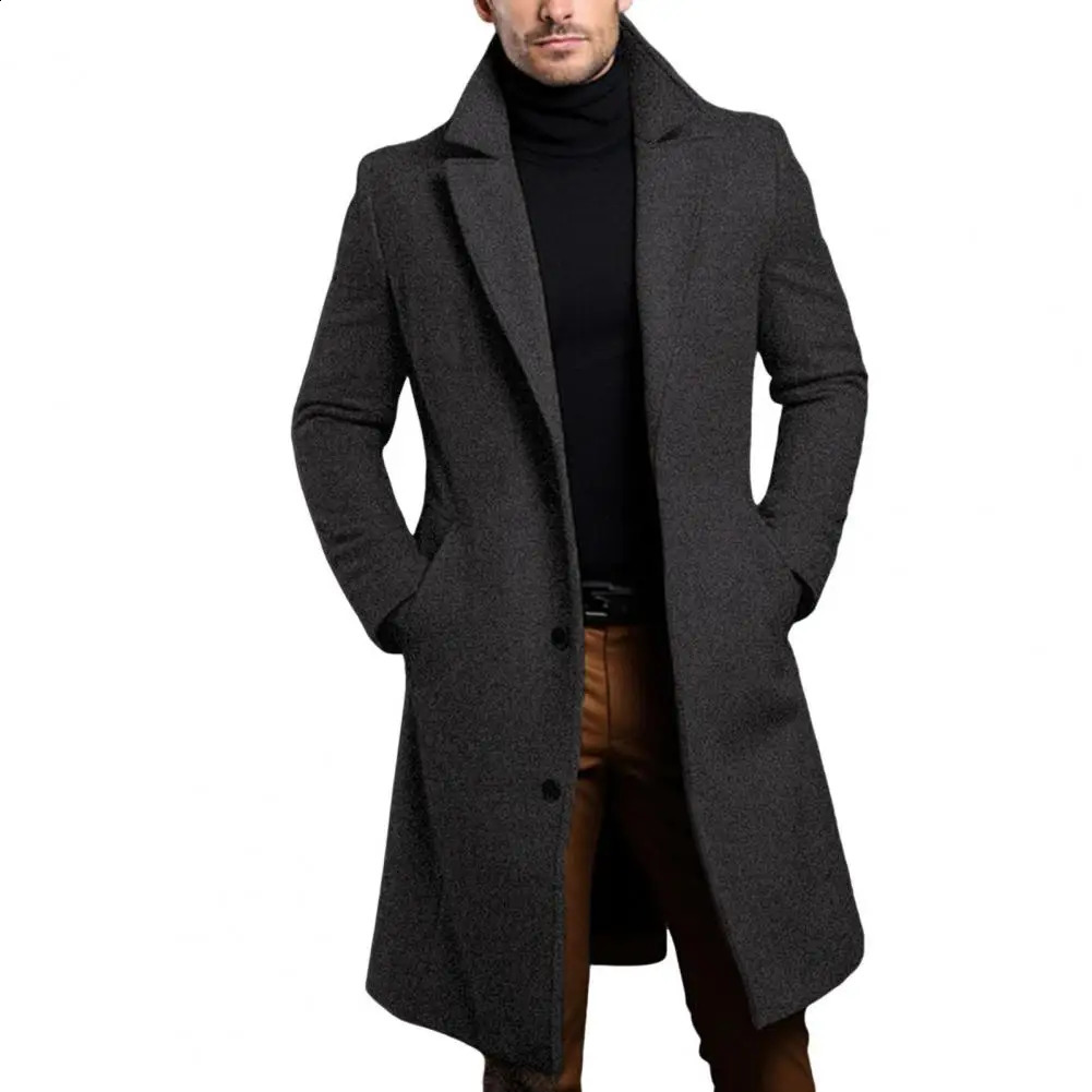 Men Woolen Coat Stylish Mens with Lapel Pockets for Autumn Winter Midlength Windbreaker Outwear Formal 240823 - view 4