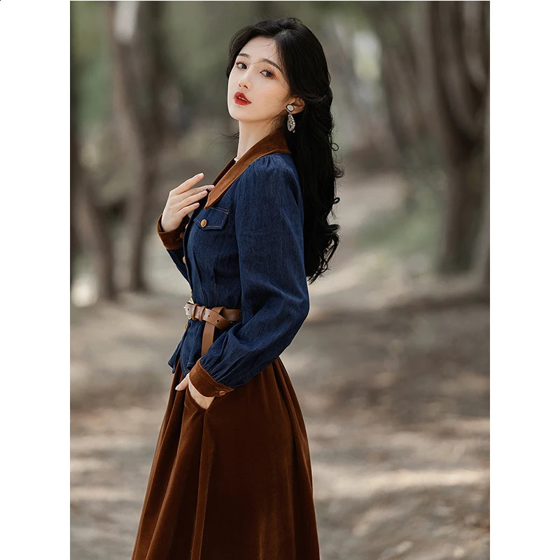 Two-Piece Matching Sets for Women Velvet Skirt and Denim Jackets Coats Cropped Top Suit Casual Suits Outfits Spring Fall 240823