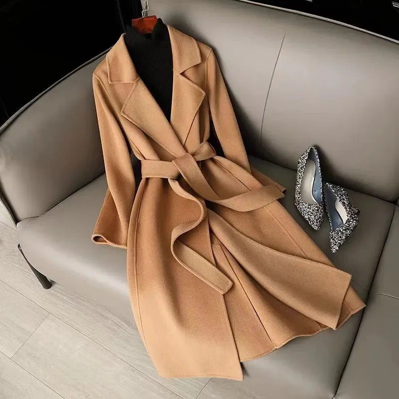 Simplicity Versatility Communicating Slim Fit Handmade 100 Wool Coat for Women Medium length Hepburn Style 240823