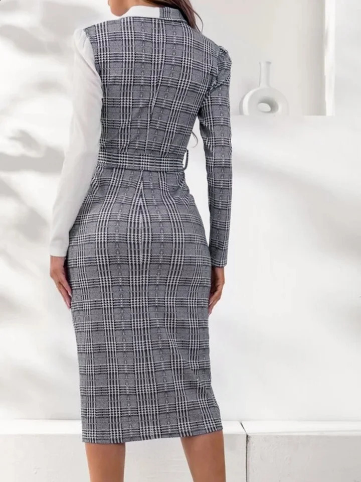 Autumn Winter Sexy Long Sleeve V-Neck Houndstooth Print Dress WomenHarajuku Plus Size Vestido Midi Bodycon Dresses For Women 240823