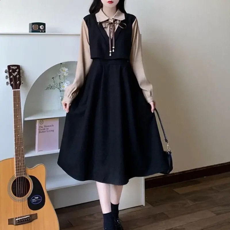 Preppy Style Slimming Elegant Long Dress Two-piece Illusion Dress For Women In Autumn/winter French Vintage Red Color 240823