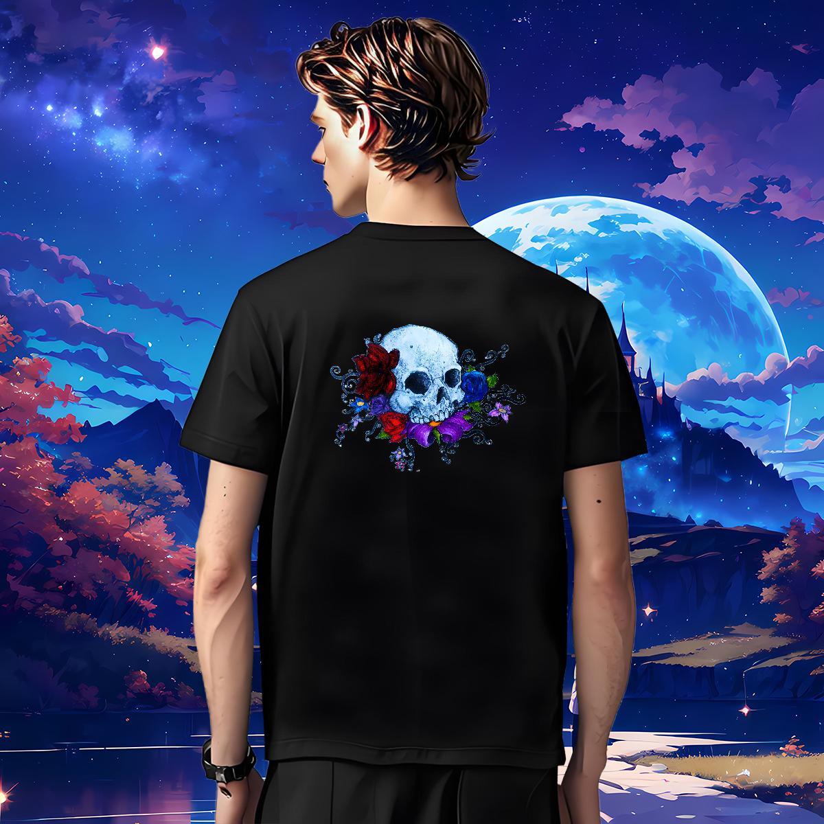 Loose Fit T-Shirts for Men 230g Cotton skull Hip Hop Street Custom Cartoon Round Neck Short Sleeve Men Clothes T-Shirt DIY Tops Tees