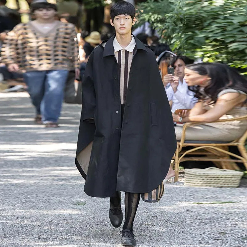 Mens Black Shawl Cloak Single Breasted Windbreaker Mens Dance Trend Hip Hop Knee Loose Coat Long Loose Cloak 240822