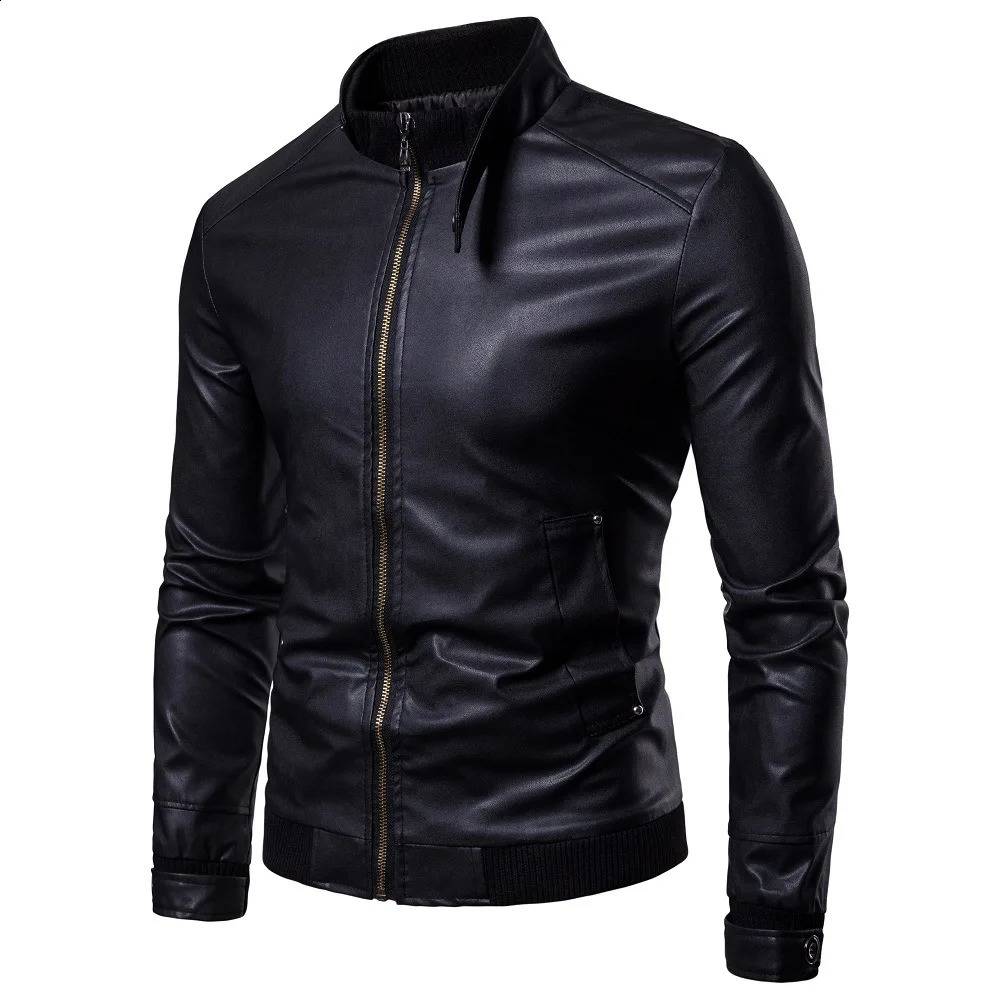 Spring and Autumn Mens Casual High Quality Leather Jacket Korean Edition Slim fit Stand up Collar PU Leather Jacket 240822