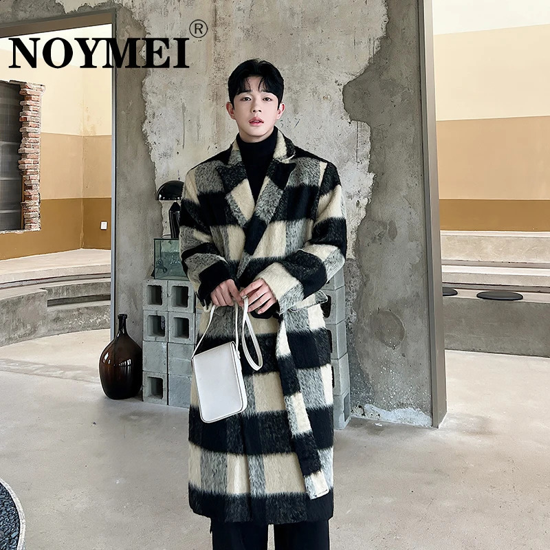 NOYMEI Woolen Coat Mens Autumn Winter Trench Thickened Korean Style High-end Checked Over Knee Windbreaker Trend WA3106 240822