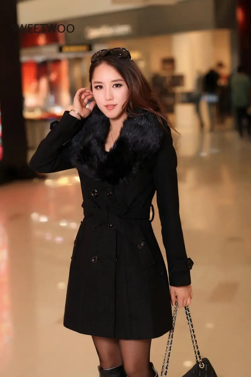 Womens Faux Fur Collar Solid Trench Coats Lady Slim Double Breasted Woolen Jackets Coat Autumn Winter Female Outwear 5Xl 240822