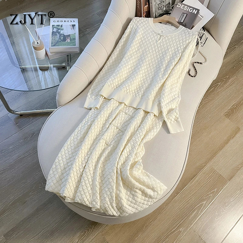 ZJYT Autumn Winter Knitted Dress Sets 2 Pieces Womens Outfits Fashion Long Sleeve Pearls Pullover Sweater and Skirt Suit Female 240823