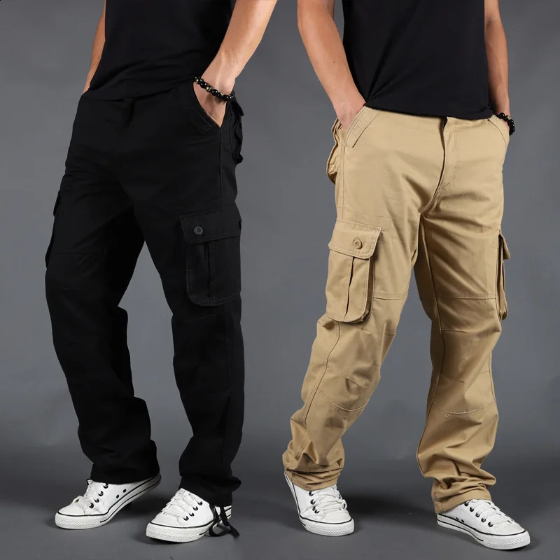 Autumn Winter Mens Pants Outdoor Multi-Pocket Cargo Pants for Men Cotton Plus Size Sports Casual Trousers Khaki Gray Black 240822