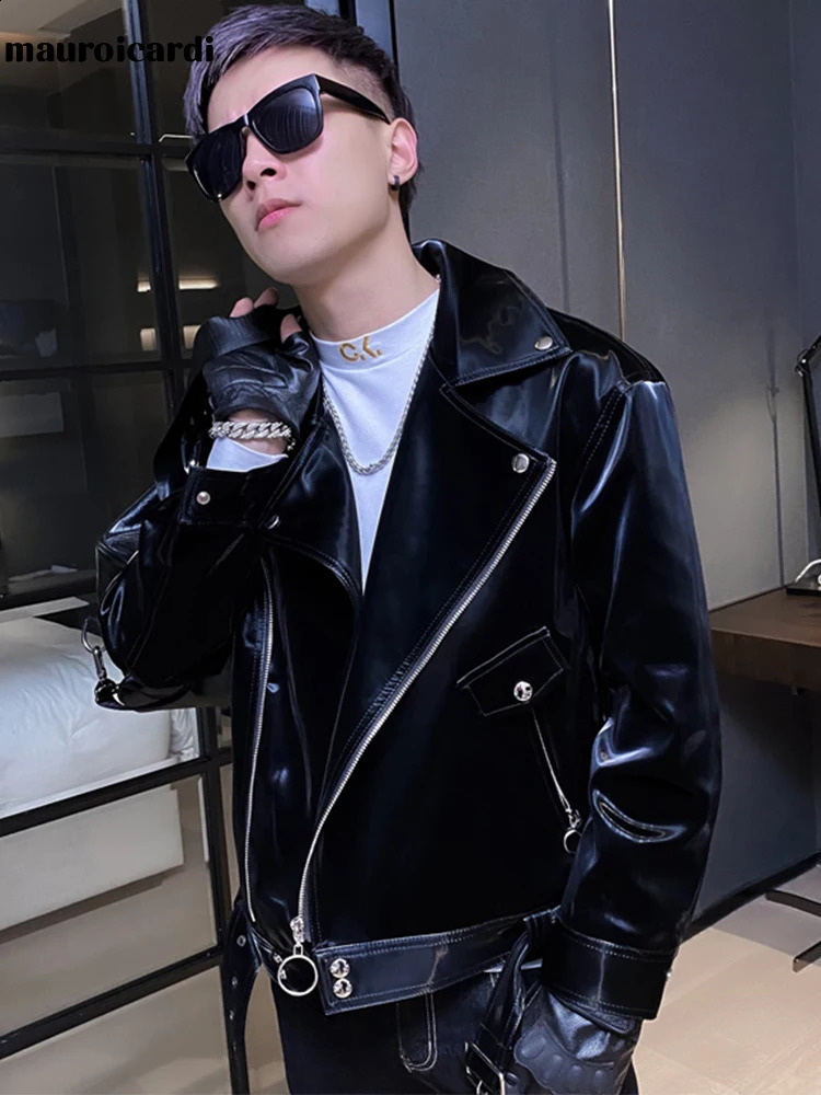 Mauroicardi Spring Autumn Cool Black Shiny Reflective Patent Pu Leather Biker Jacket Men Belt Zipper Plus Size European Fashion 240822