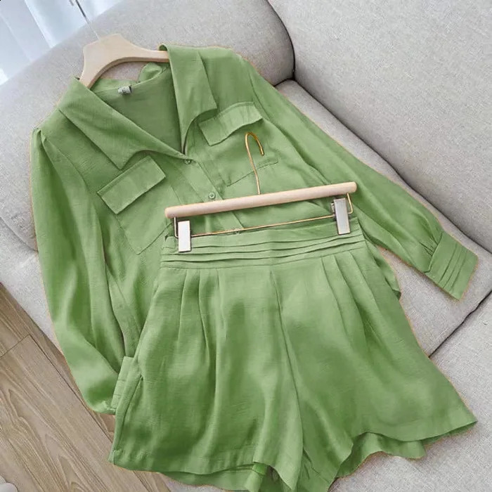 Style Sports Rest Fashion Loose Single breasted Pocket Set Top Shirt Flip Collar Shorts Solid Color Slim Fit Two Piece Set 240823