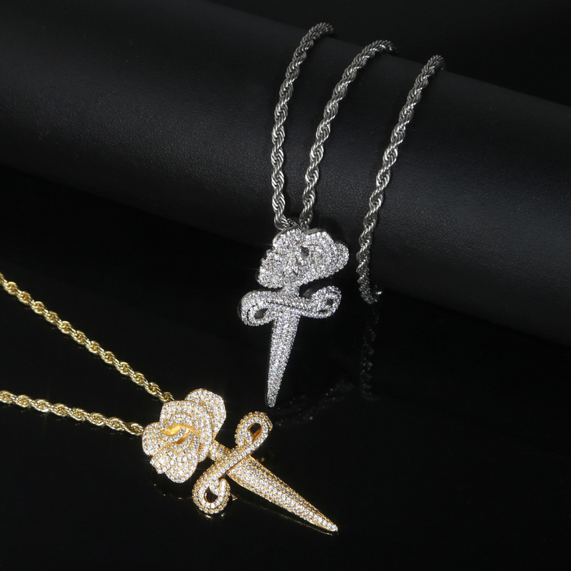 Hip Hop Rose Flower Cross Pendant Necklace 5A Zircon White Gold Plated Religious Jewelry