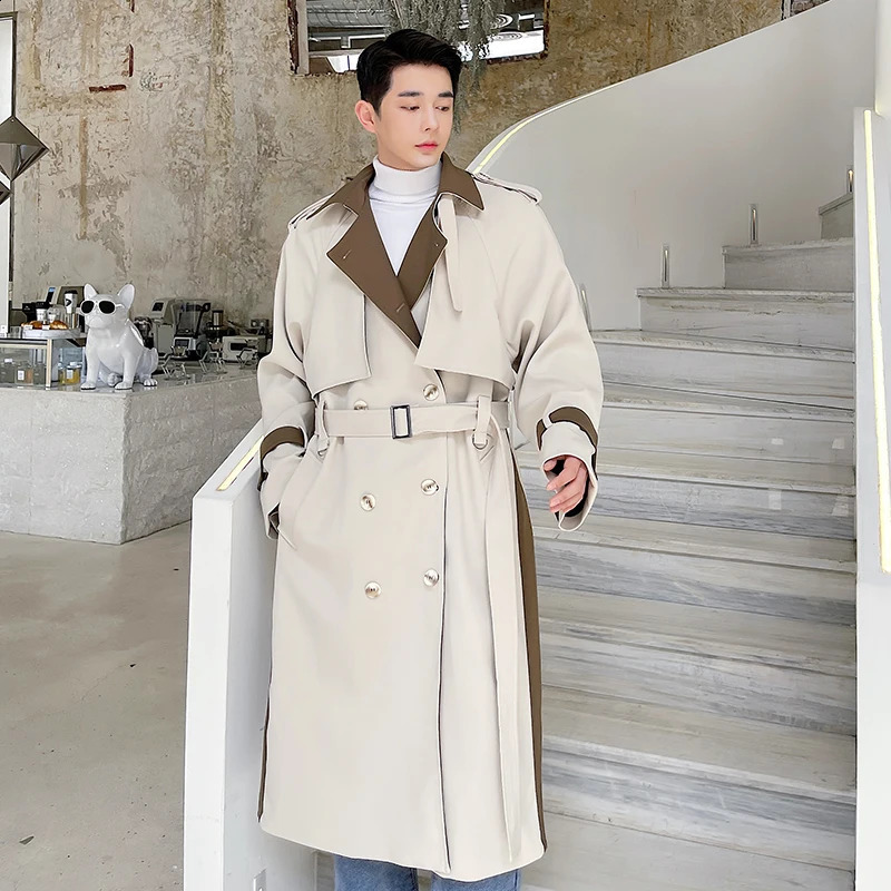 High Quality Contrast Color Double Breasted Long Trench Coats Mens Korean Fashion Elegant Long Jackets Gabardina Hombre 240822
