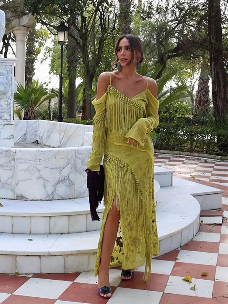 Sexy Off Shoulder Tassel Split Sling Dress Women Backless Long Sleeved Slim Robes Fashion Lady Vacation Beach 240823